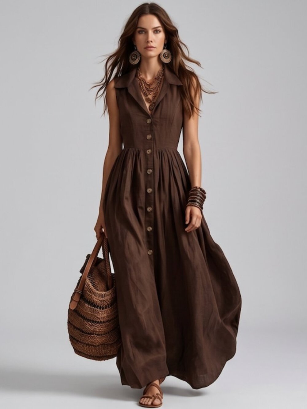 Rich Espresso Brown Button-Down A-Line Maxi Dress | Sleeveless Notch Collar